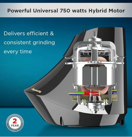 Butterfly Smart 750 Watts Mixer Grinder with 4 Jars | 3 Stainless Steel Multipurpose Jars & 1 Juicer Jar | ABS Body | Heavy Duty Motor | 2 Years Manufacturer's Warranty | Grey