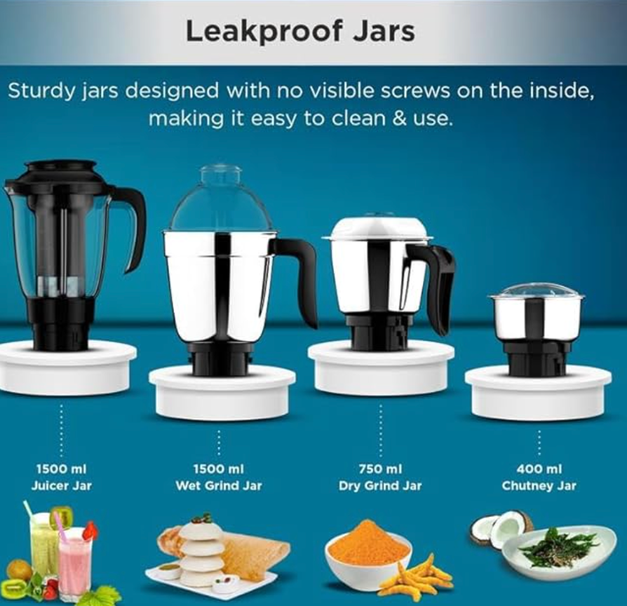Butterfly Smart 750 Watts Mixer Grinder with 4 Jars | 3 Stainless Steel Multipurpose Jars & 1 Juicer Jar | ABS Body | Heavy Duty Motor | 2 Years Manufacturer's Warranty | Grey