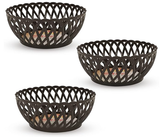 रतन प्लास्टिक से बनी मध्यम आकार की गोल आकार की 3 पीस वाली फलों की टोकरियाँ, घर और रसोई में सामान रखने के लिए उपयुक्त।