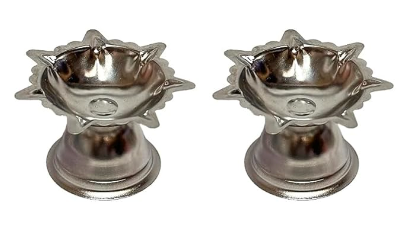 Velan Store Stainless Steel Sapta Mukhi Star Shape Diya/Deep/Deepam/Sapta Batti Diya for Home Pooja Decor, Puja Articles- Set of 2 Pcs