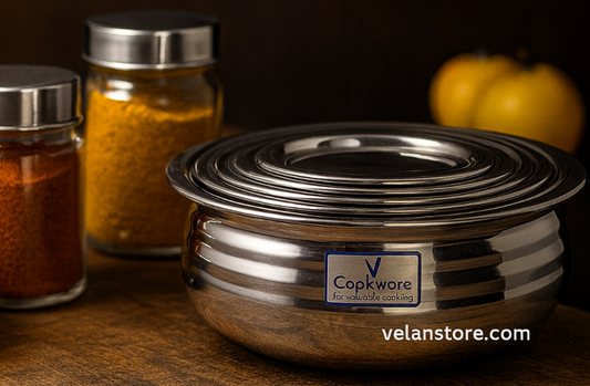 Vcookware स्टेनलेस स्टील टॉप सेट – मिरर फिनिश, टिकाऊ और स्टैकेबल कुकवेयर | Velanstore