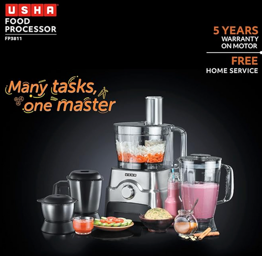 Usha FP 3811 1000W Food Processor with 13 Accessories | Copper Motor | 3.5L Bowl, 3 Jars, Juicing Attachments | 12 Applications | Premium SS Finish, Black & Steel