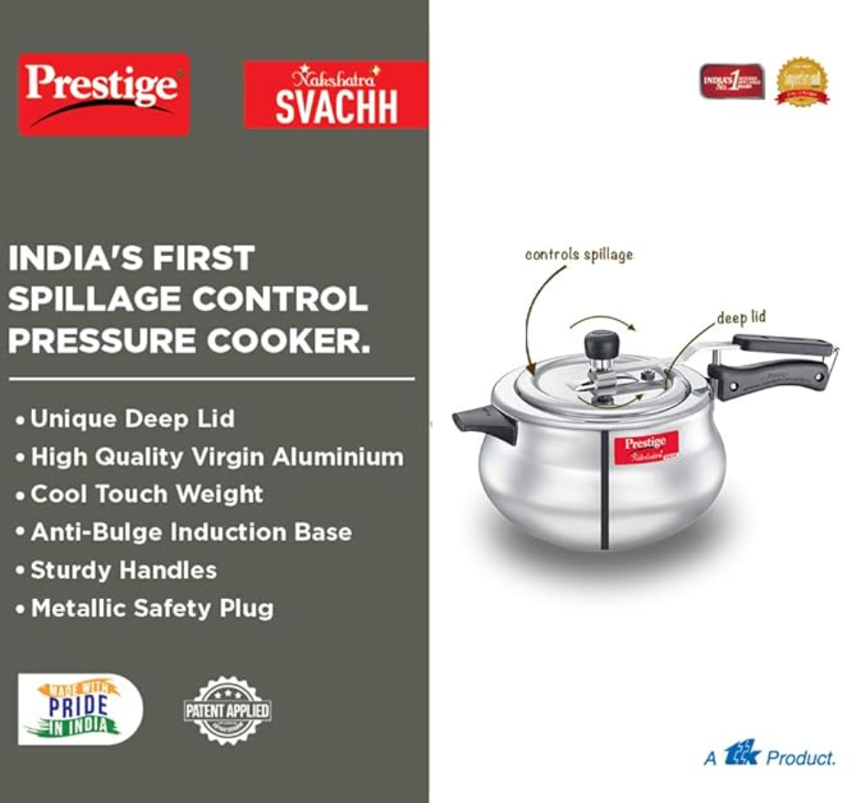 Prestige 6.5 Litre Virgin Aluminium Nakshatra Plus Svachh Innerlid Pressure Cooker Handi|Deep lid for spillage control|Gas & Induction Compatible|Metallic Safety Plug|5Years warranty|ISI Certified