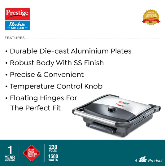 Prestige PEG 1.0 Electric Grill 1500 W with Detachable Oil Collector (Silver and Black)