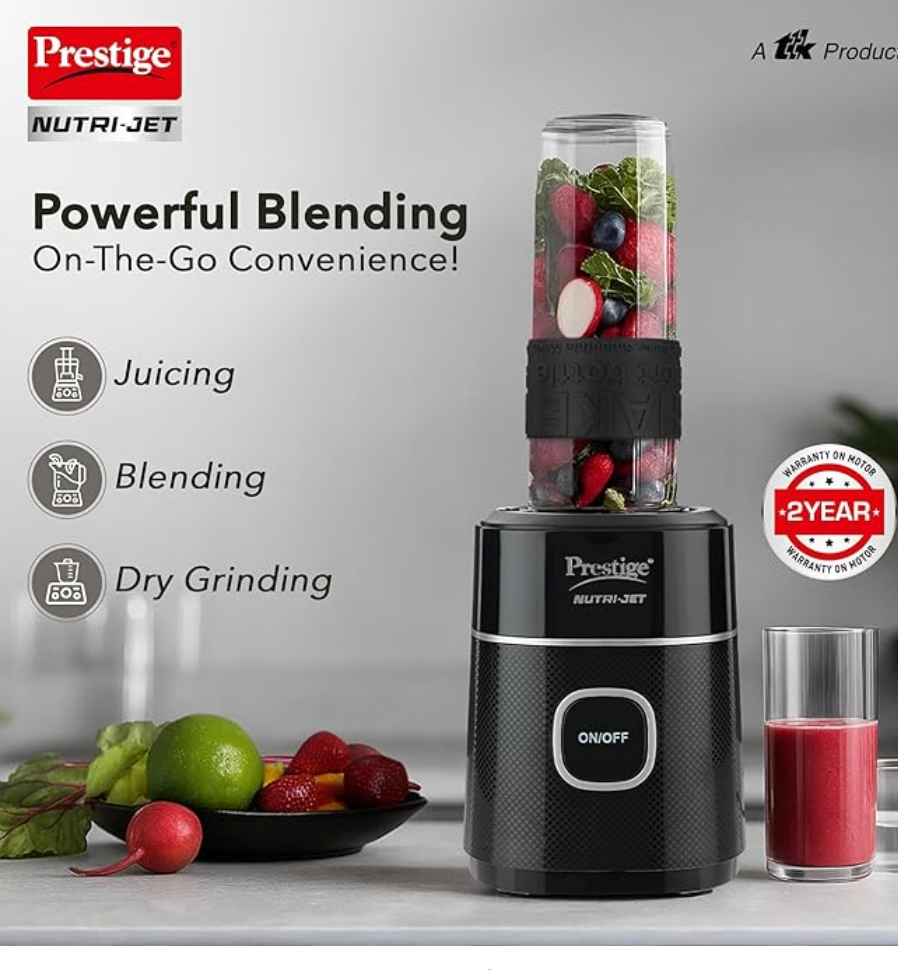 प्रेस्टीज न्यूट्री-जेट 450 वाट जूसर मिक्सर ग्राइंडर (450 वाट मोटर | 2 जार | काला)