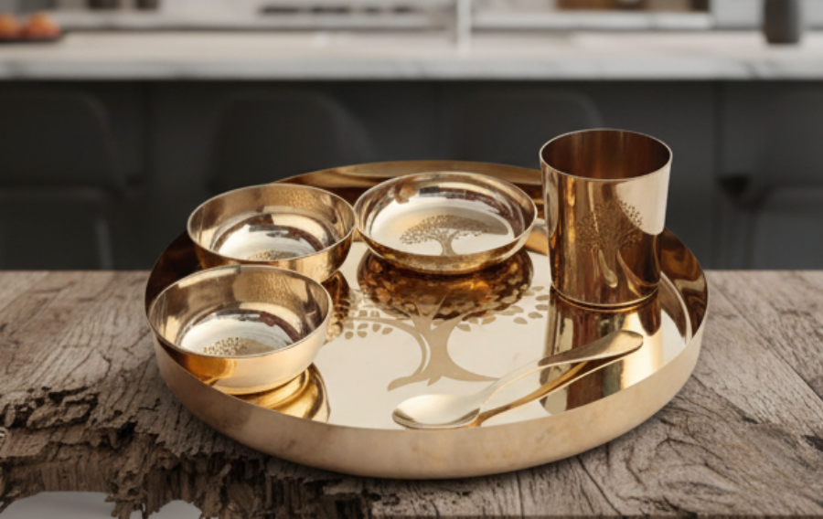 प्योर कंसा डिनर सेट (6 पीस) - लेजर डिज़ाइन