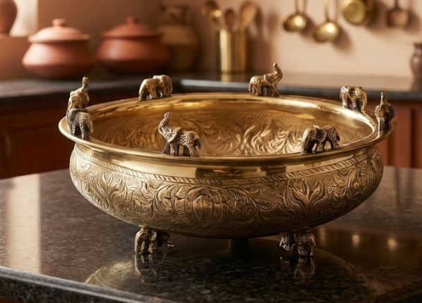 Brass Handcrafted Urli With Unique Elephant Design - Perfect for home decor