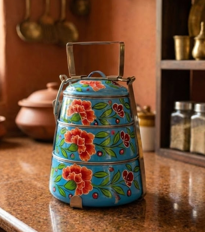 Velan Store Hand Painted 3 Tier Steel Tiffin - Sky Blue