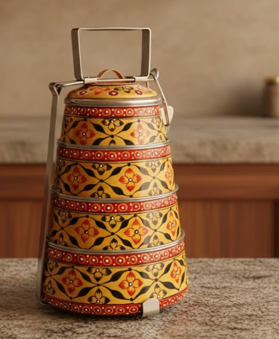 அழகான கையால் வரையப்பட்ட வடிவமைப்புடன் கூடிய ஸ்டீல் 4 பெட்டிகள் மதிய உணவுப் பெட்டி