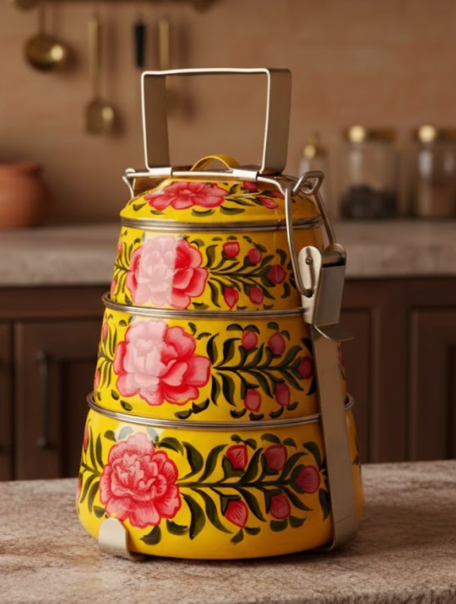 Velan Store Hand Painted 3 Tier Steel Lunch Box - Yellow With Rose