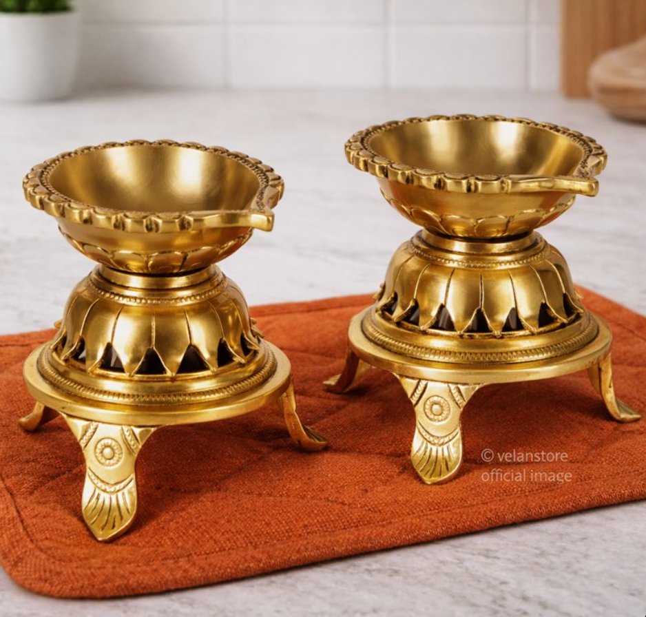 Unique Lotus Petal Base Pure Fine Brass Diya with Stand