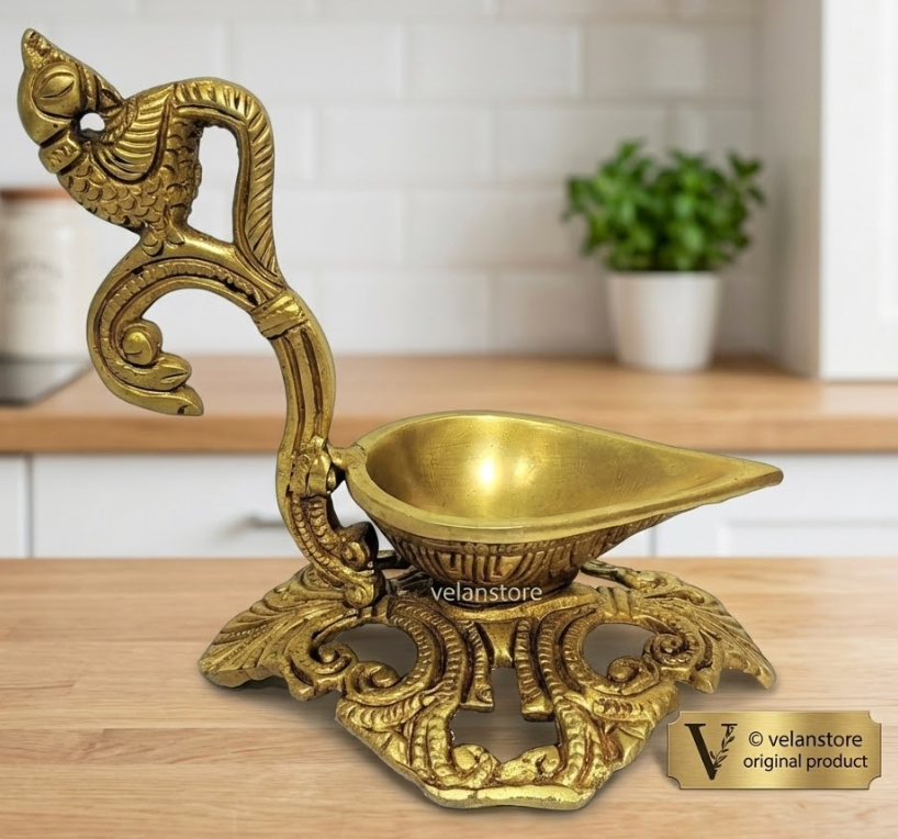 Peacock / annam design brass diya with round engraved stand