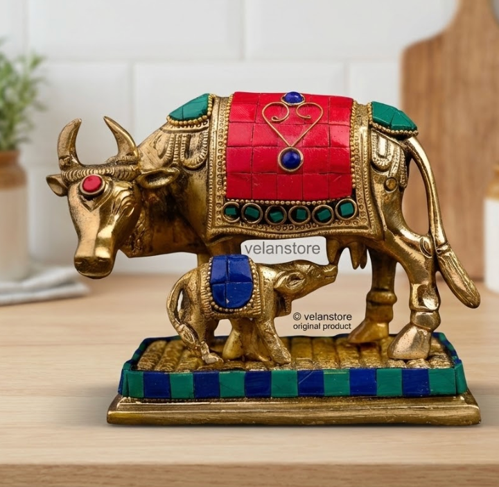 Cow and Calf Brass Statue Dressed in Stones | Kaamdhenu Cow Idol