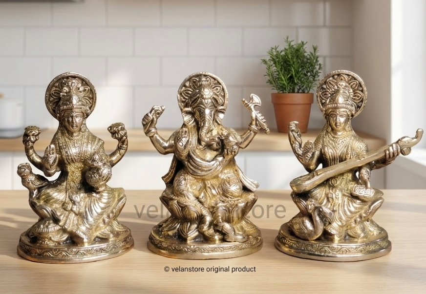 Ganesha Lakshmi Saraswati Brass Idol Set - 5"