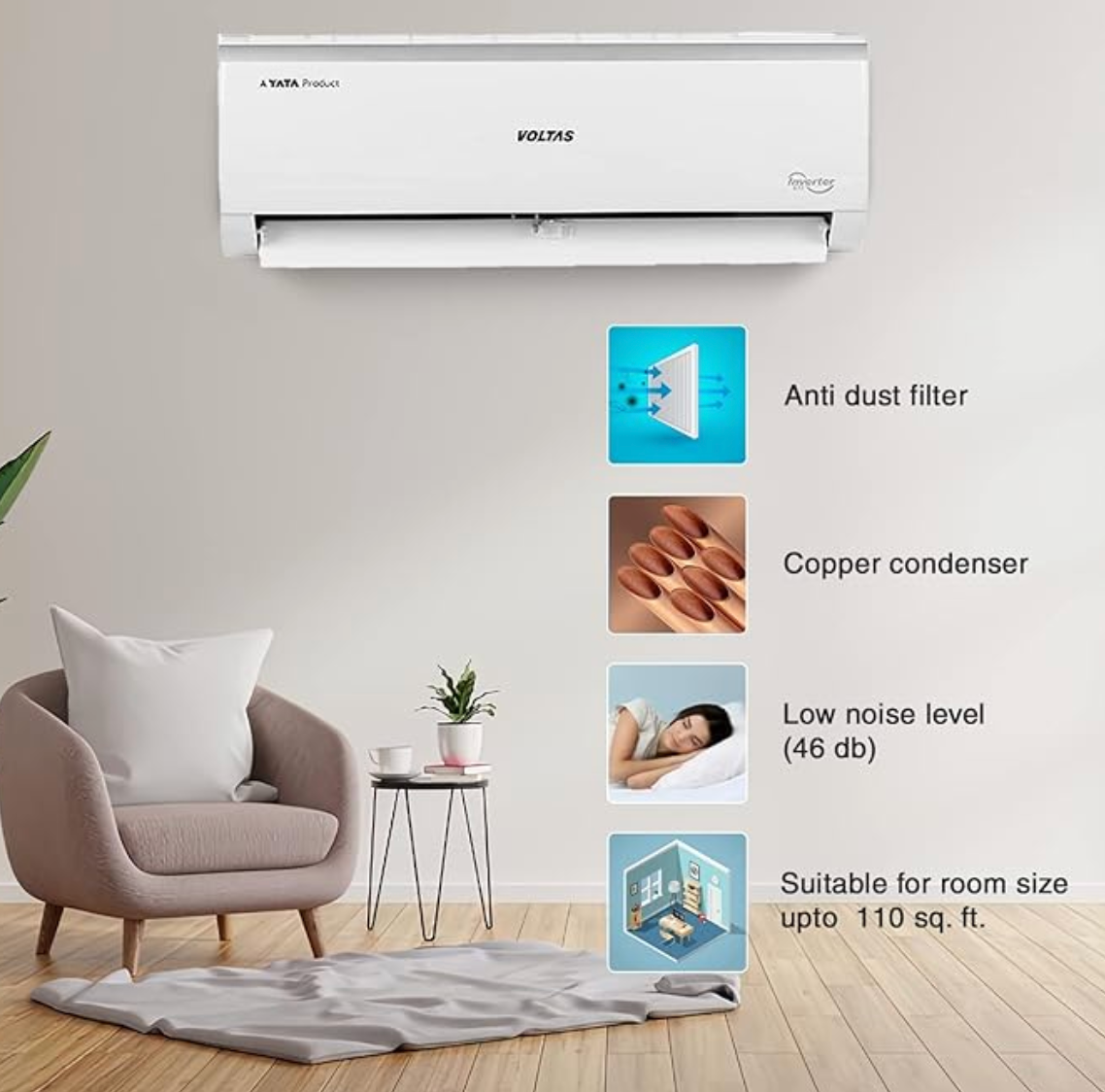 Voltas 1 Ton 5 Star, Inverter Split AC(Copper, 4-in-1 Adjustable Mode, Anti-dust Filter, 125V Vectra Elite, White)
