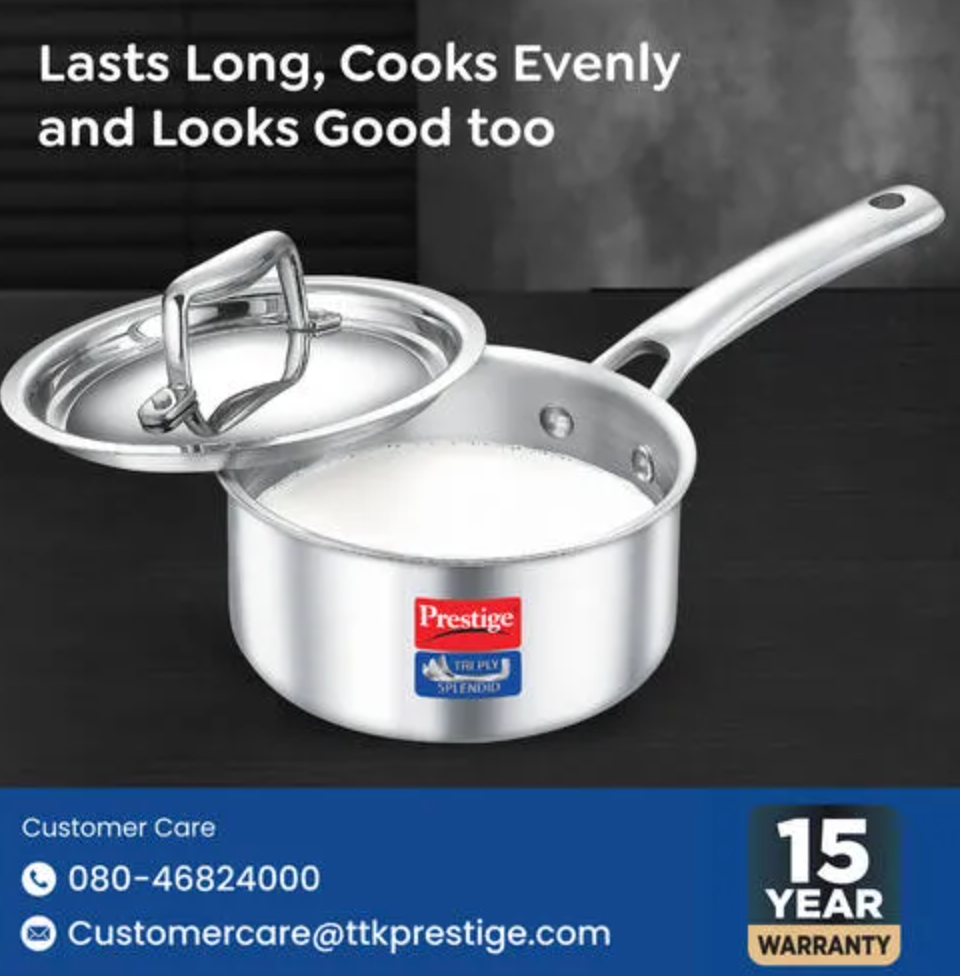 प्रेस्टीज ट्राई प्लाई स्प्लेंडिड सॉस पैन, स्टेनलेस स्टील के ढक्कन के साथ, 18 सेमी, 16 सेमी, 14 सेमी आकार में उपलब्ध।
