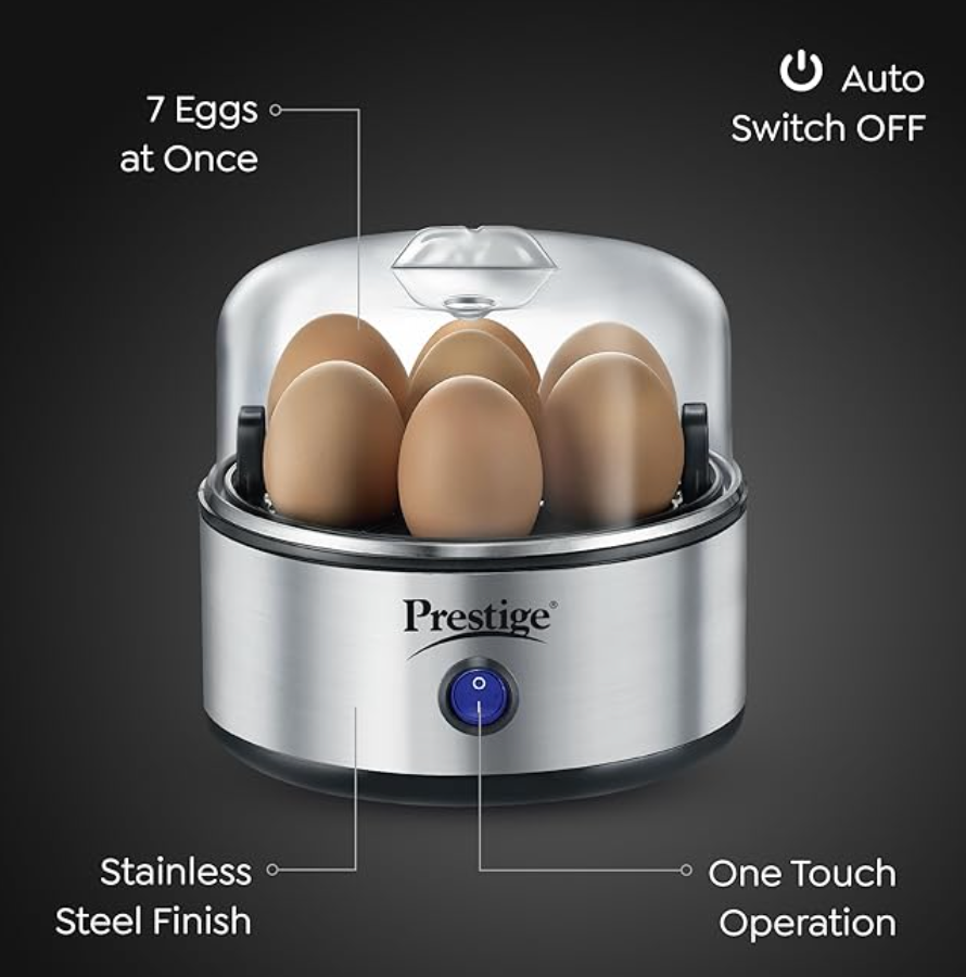 प्रेस्टीज एग बॉयलर PEB-01 | 350 वाट | एक बार में 7 अंडे उबालता है | वन-टच ऑपरेशन | स्टेनलेस स्टील बॉडी और हीटिंग प्लेट | सुरक्षित खाना पकाने के लिए ऑटो स्विच-ऑफ | इलेक्ट्रिक