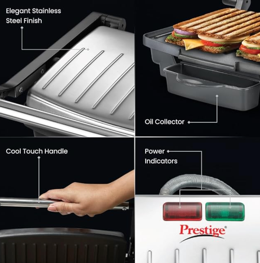 Prestige PEG 7.0 1000 W Electric Griller Sandwich Maker with Oil Collector(Black and Silver, Non-Stick Coated)