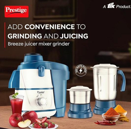 प्रेस्टीज ब्रीज़ 500W जूसर मिक्सर ग्राइंडर, 2 स्टेनलेस स्टील जार के साथ | अलग करने योग्य पल्प कलेक्टर | डबल लॉक सिस्टम | कुशल स्टेनलेस स्टील छलनी | जूस आउटलेट | नीला और सफेद