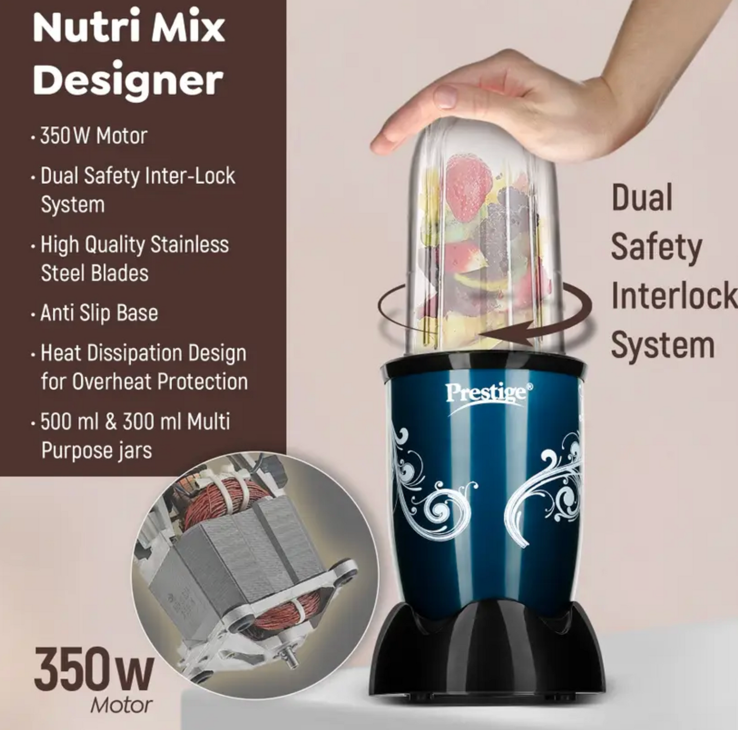 प्रेस्टीज डिज़ाइनर 350 वाट मिक्सर ग्राइंडर (न्यूट्रि-मिक्स | 2 जार | टील)