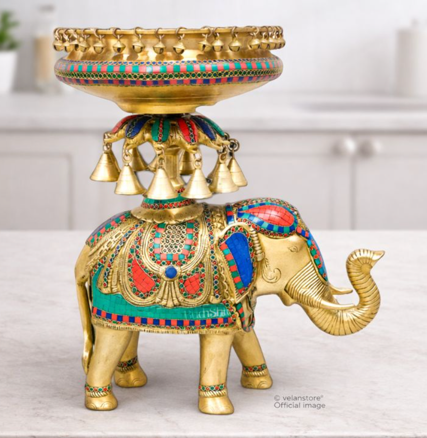 Brass Urli with Engraved Elephant | Meenakari Art | Decorate Your Home with Elegance