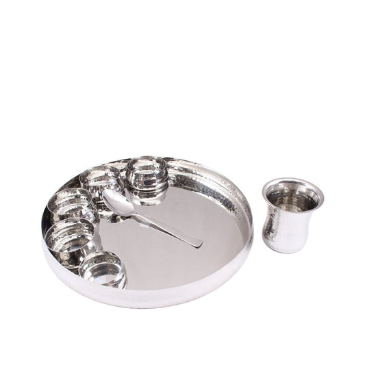 Steel 8 Piece Curved Thali Set (1 Thali 4 Bowl 1 Chutni 1 Curved Glass 1 Spoon)