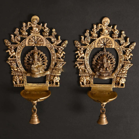 Brass Ganesha And Lakshmi Frames Diya With Bell (11.5 Inch)