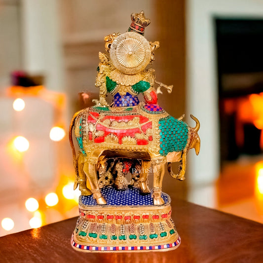 Adorable Lord Krishna With Cow Statue - Brass Sculpture 28"