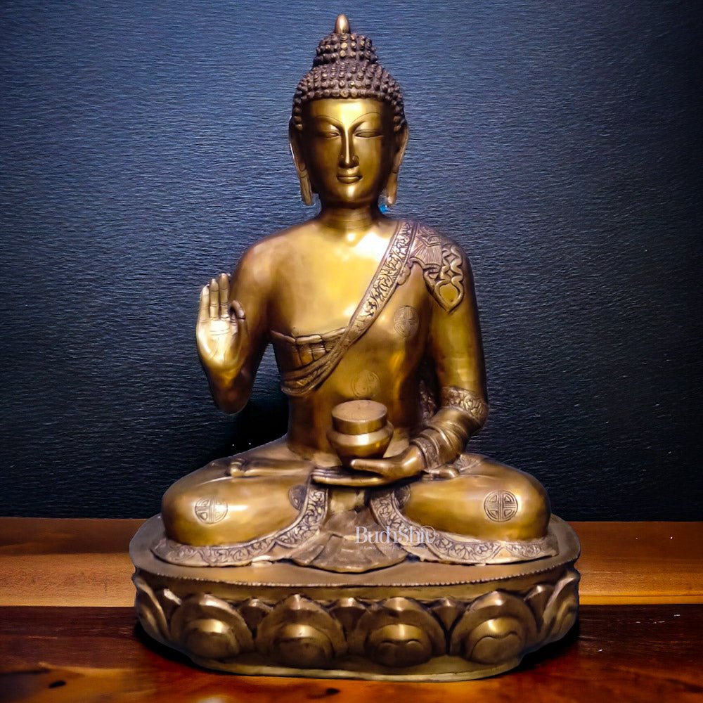 Antique Brass Large Blessing Buddha Statue - 28 inch