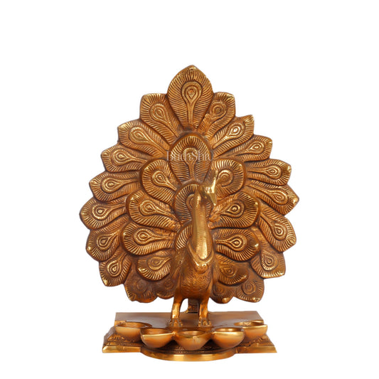 Antique Finish Large Brass Peacock Panchdeep | Exquisite Home Decor 12.5 "