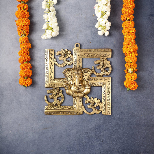 Auspicious Brass Swastik Wall Hanging with Lord Ganesha