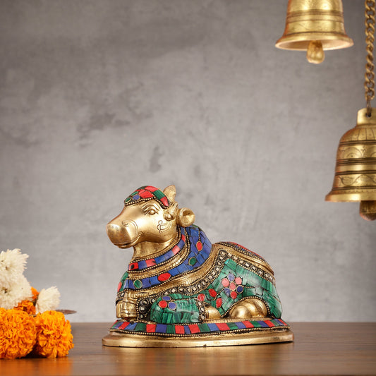 Auspicious Handcrafted Brass Nandi Statue Meenakari 8"