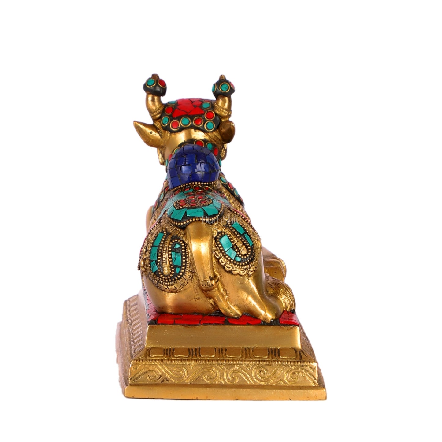 Auspicious Handcrafted Brass Nandi Statue with Natural Stones - 6" Height