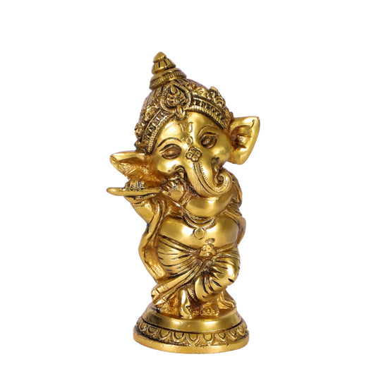 Baby Flute Ganesha Brass Idol - Golden | BudhShiv