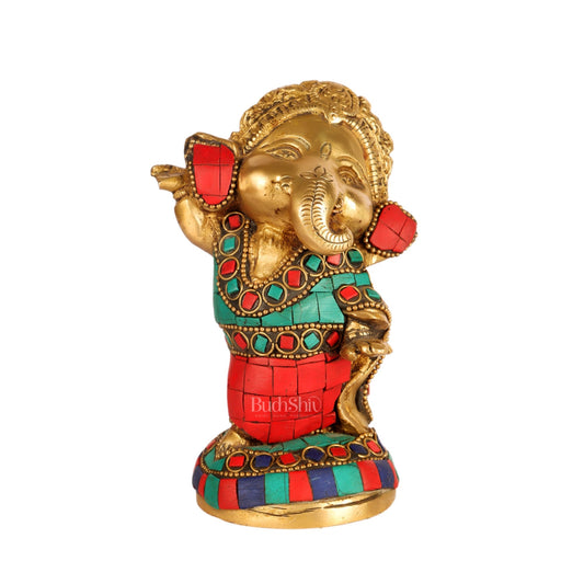 Baby Ganesha Dancing Brass Idol 5" Stonework