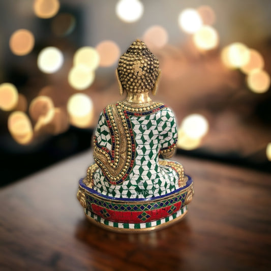 Beautiful Brass Buddha Statue with Stonework | 12" Tall