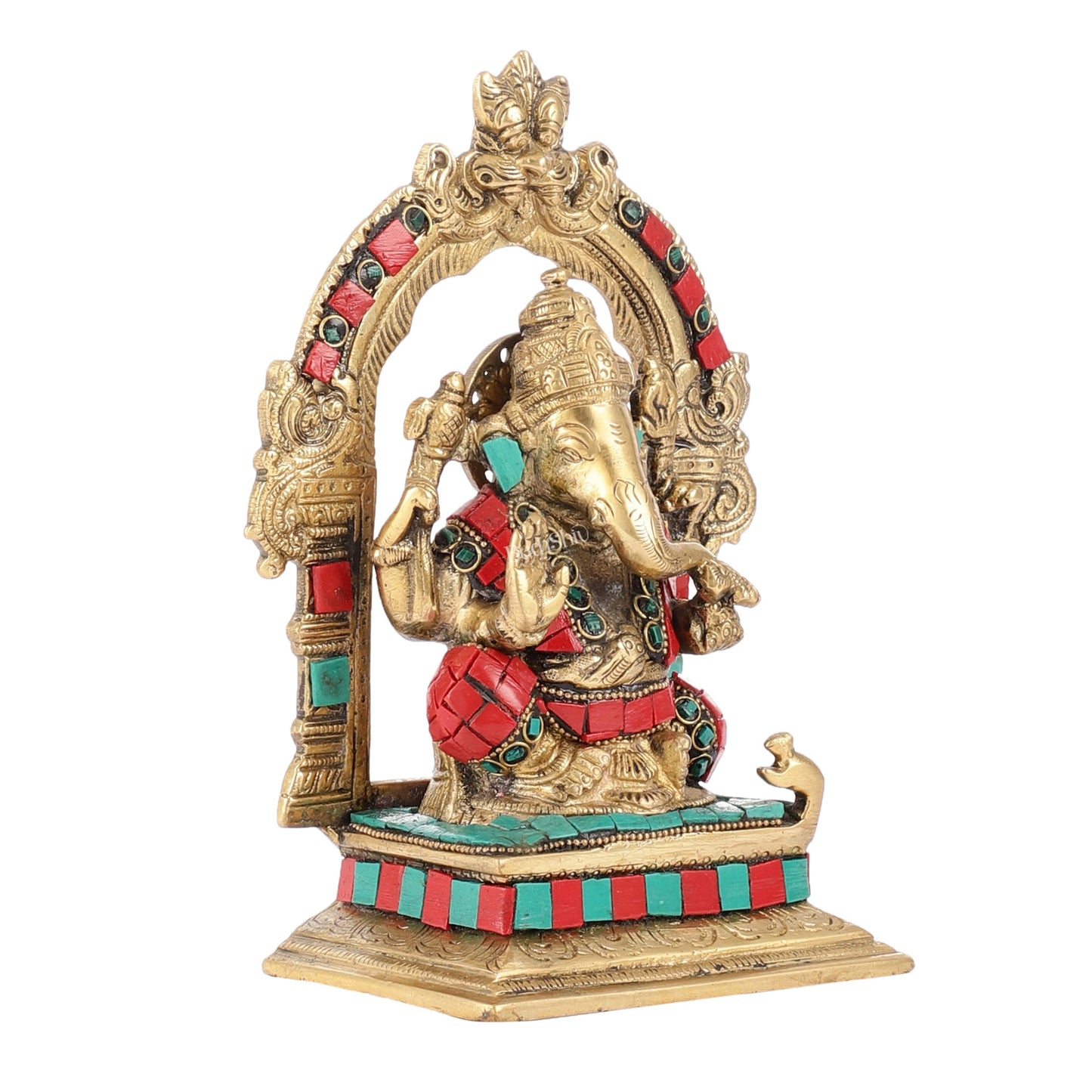 Beautiful Brass Ganesha Statue with Attached Prabhavali and Stonework - 7"