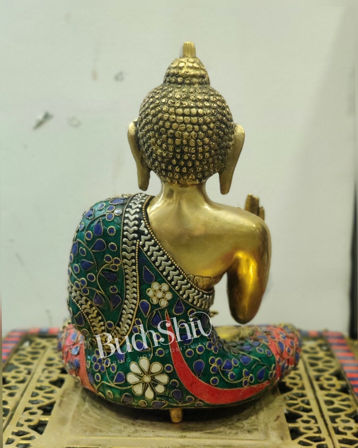 Blessing Buddha Brass Idol elevated with a tripod base 11 inches