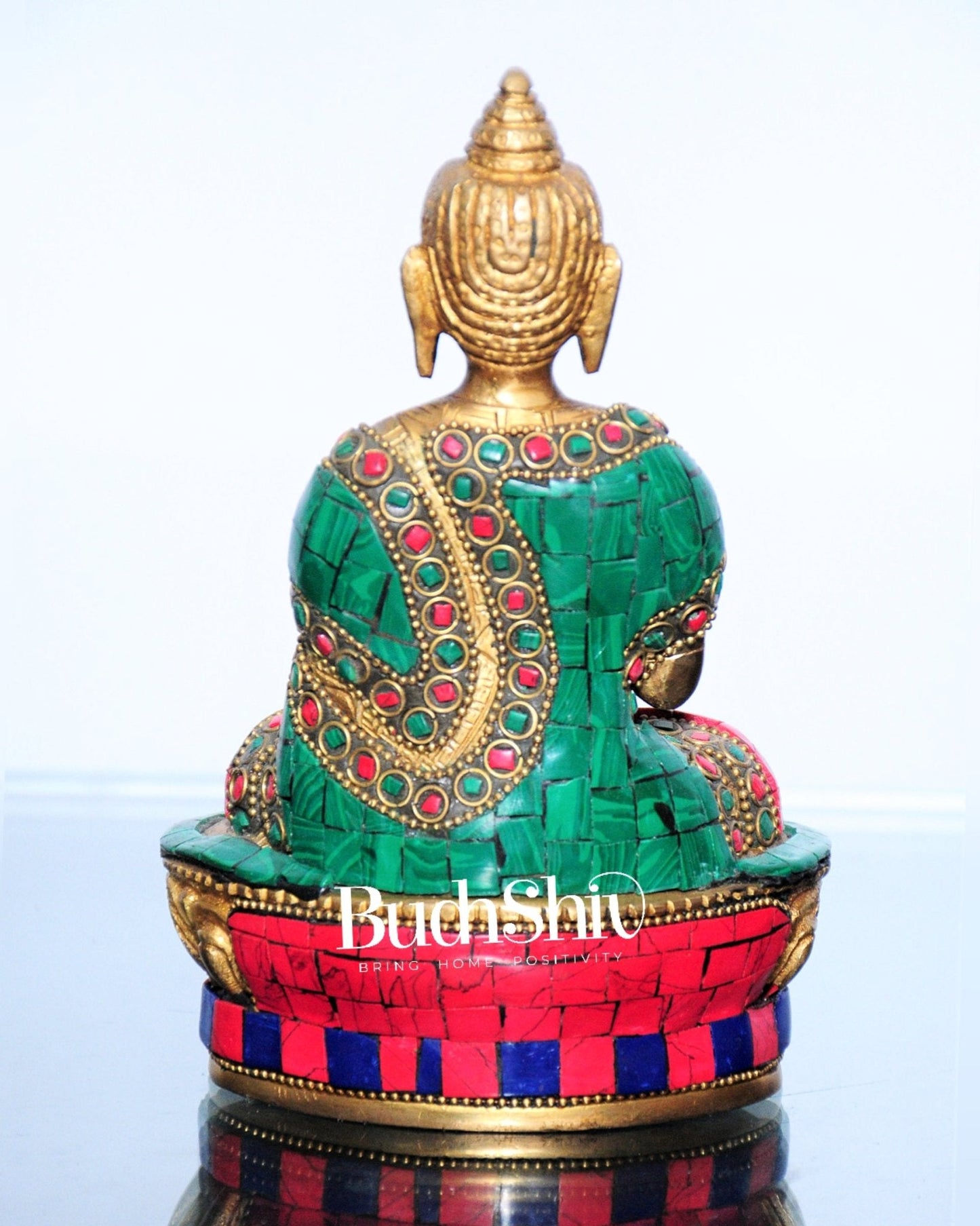 Blessing Buddha Statue: Fine Brass with Natural Stones 7 inch