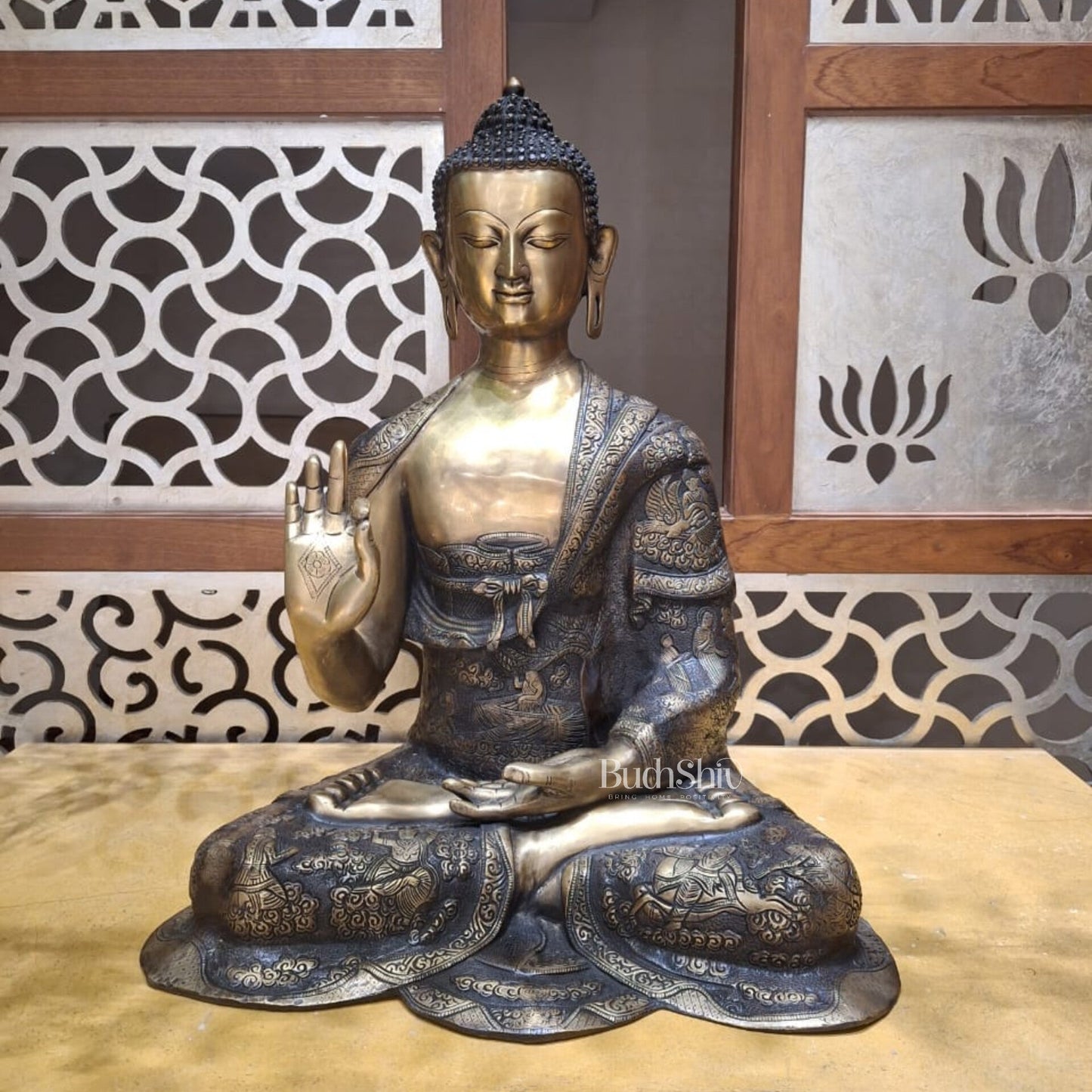 Brass Abhaya Mudra life-Story Buddha Statue 28"