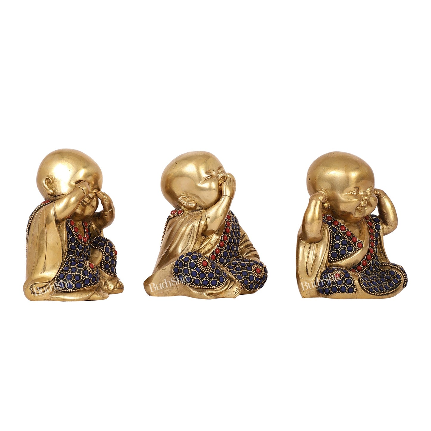 Brass Baby Laughing Buddha Monks 5 inch set of 3