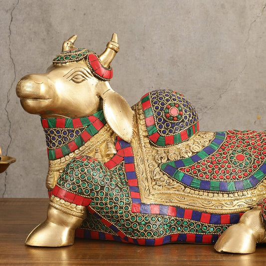 Brass beautiful Nandi Statue with Stonework - 15 inch