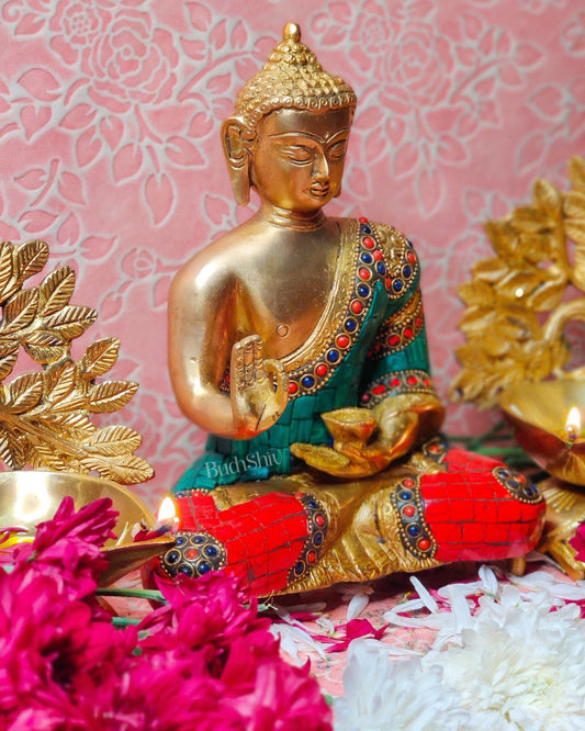 Brass Blessing buddha with stonework 8"