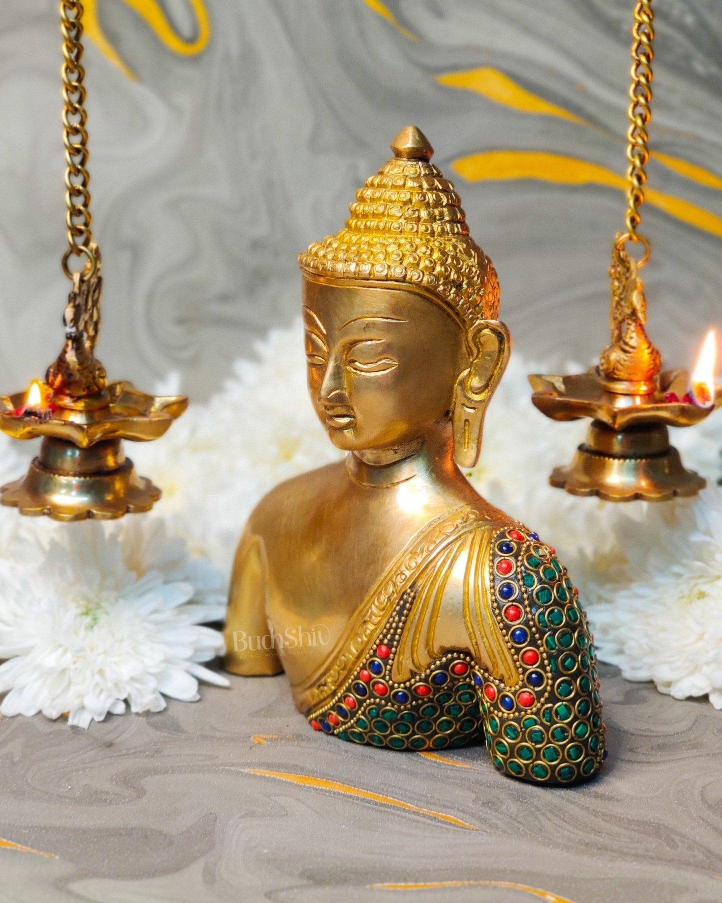 Brass Buddha head buddha Bust with Natural Stones 8 inch