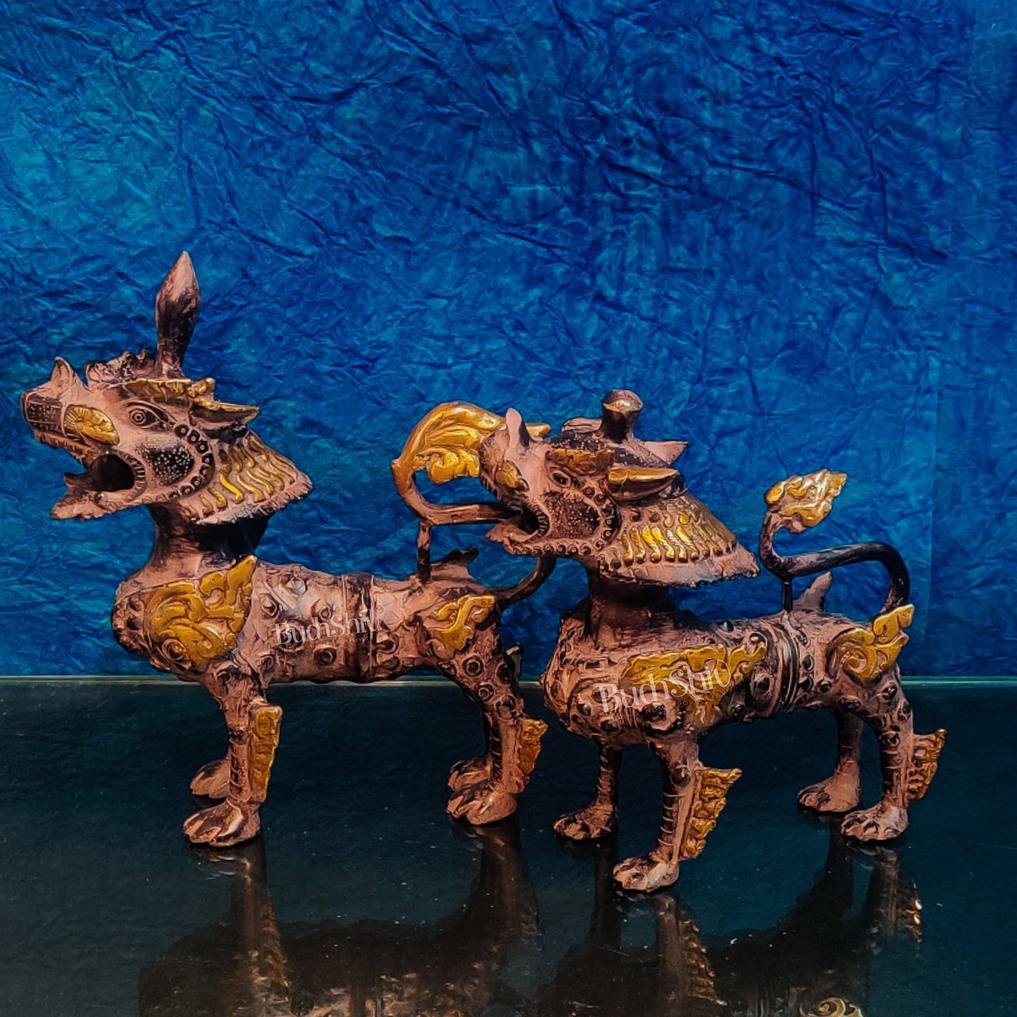 Brass Buddhist Tibetan temple snow lion 11" Pair