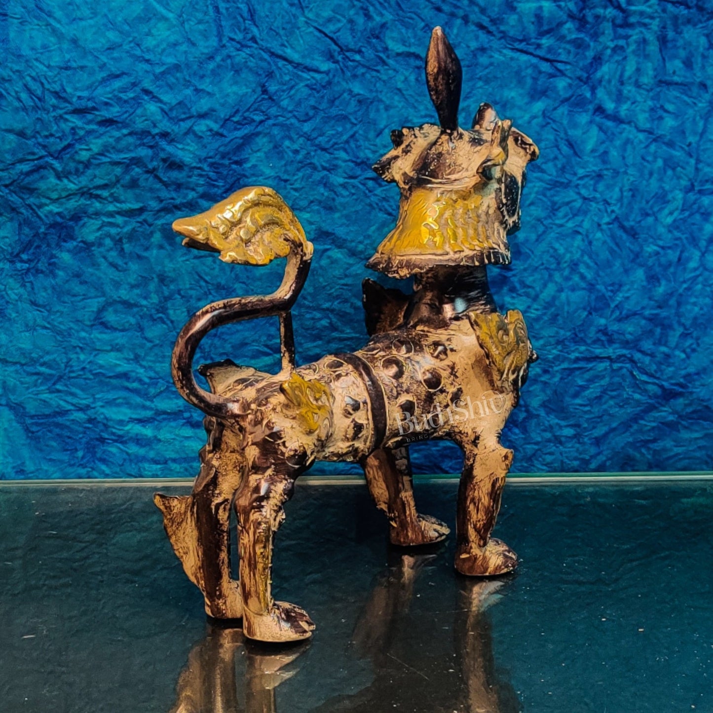 Brass Buddhist Tibetan temple snow lion 11"