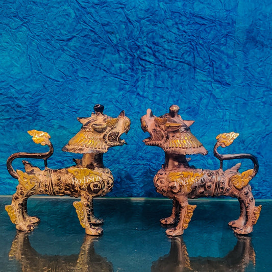 Brass Buddhist Tibetan temple snow lion 9" Pair