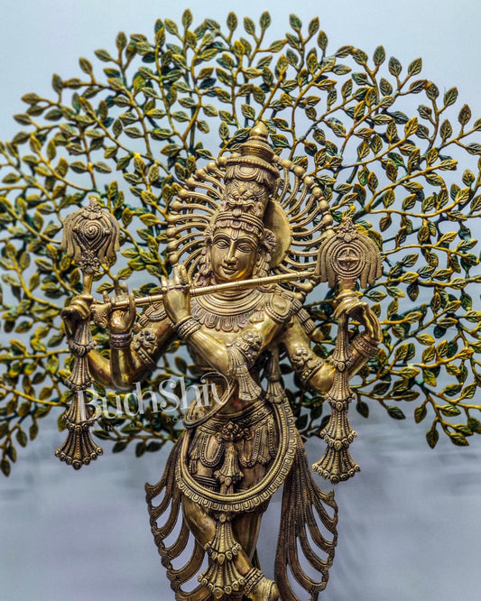 Exquisite Brass Lord Krishna Chaturbhuja Statue with Kalpavriksha - 36"