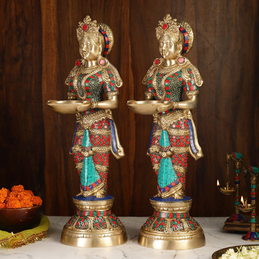 Brass Deep Lakshmi Pavaai Villaku with Stonework - 2 feet 23 inches | Traditional Shine Gold