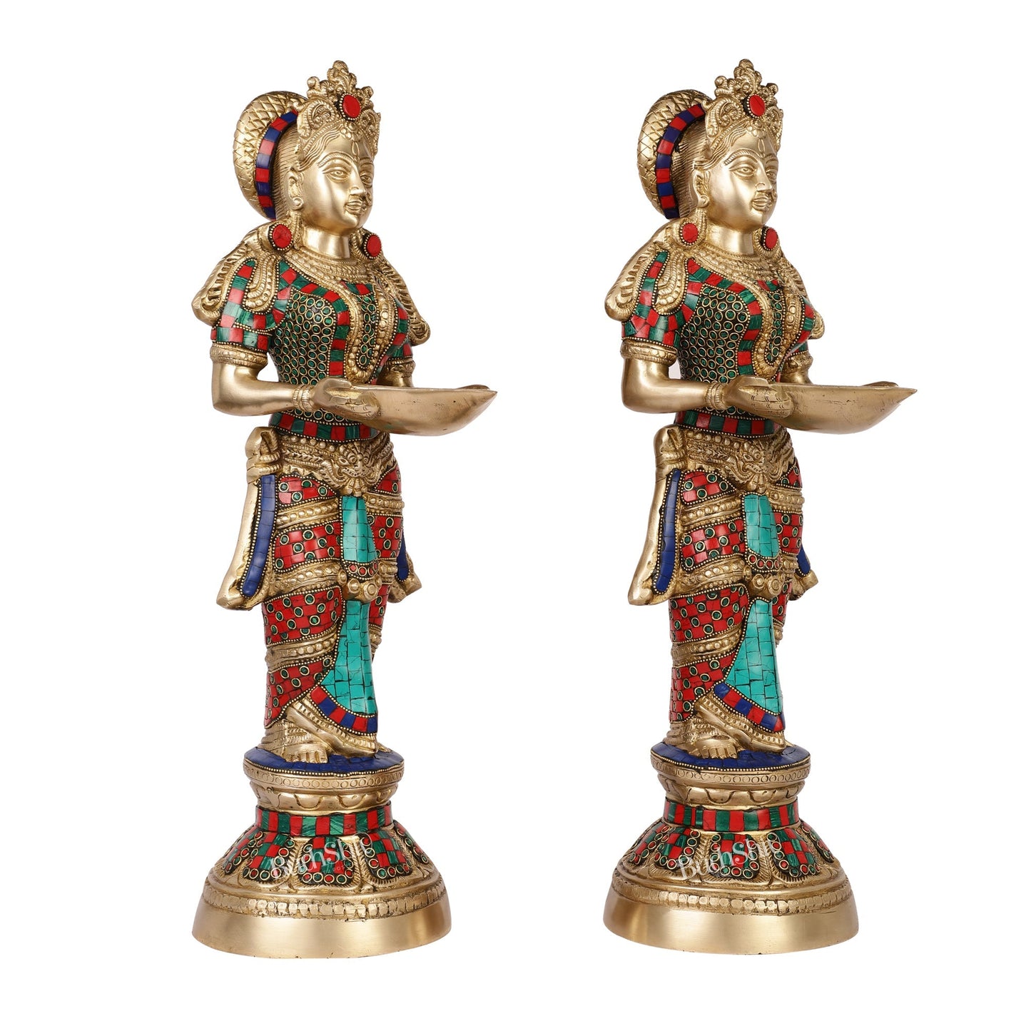 Brass Deep Lakshmi Pavaai Villaku with Stonework - 2 feet 23 inches | Traditional Shine Gold